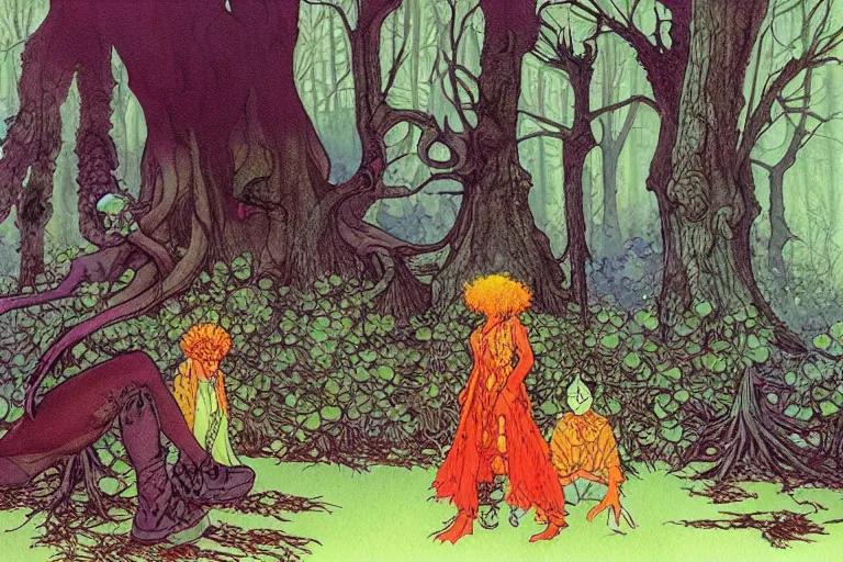 Prompt: a hyperrealist watercolour character concept art portrait of a haunted forest inside central park. neon flowers. weird people. by rebecca guay, michael kaluta, charles vess and jean moebius giraud