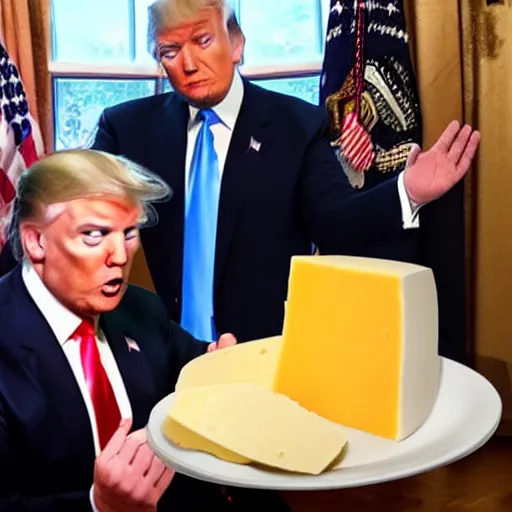 Image similar to donald trump eating a large wheel of cheese,