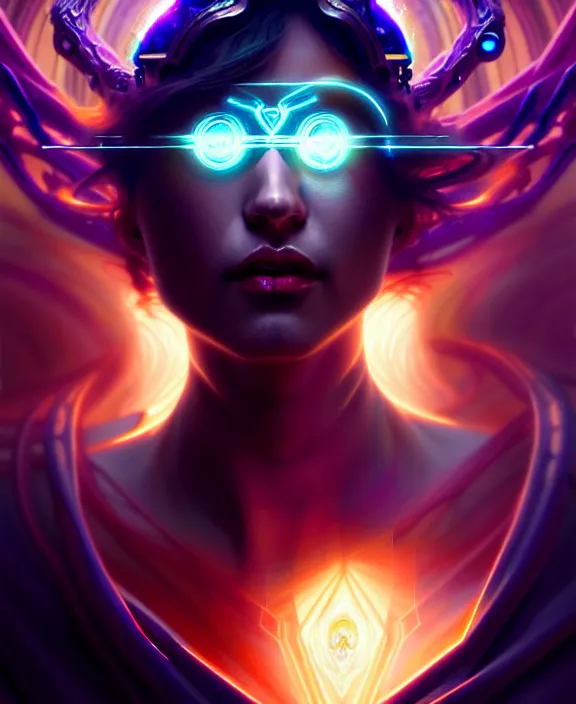 Image similar to a whirlwind of souls rushing inside the metaverse, half body, glowin eyes, tiara with sapphire, pharaoh, android, cyberpunk, d & d, fantasy, intricate, elegant, highly detailed, colorful, vivid color, digital painting, artstation, concept art, art by artgerm and greg rutkowski and alphonse mucha and ruan jia