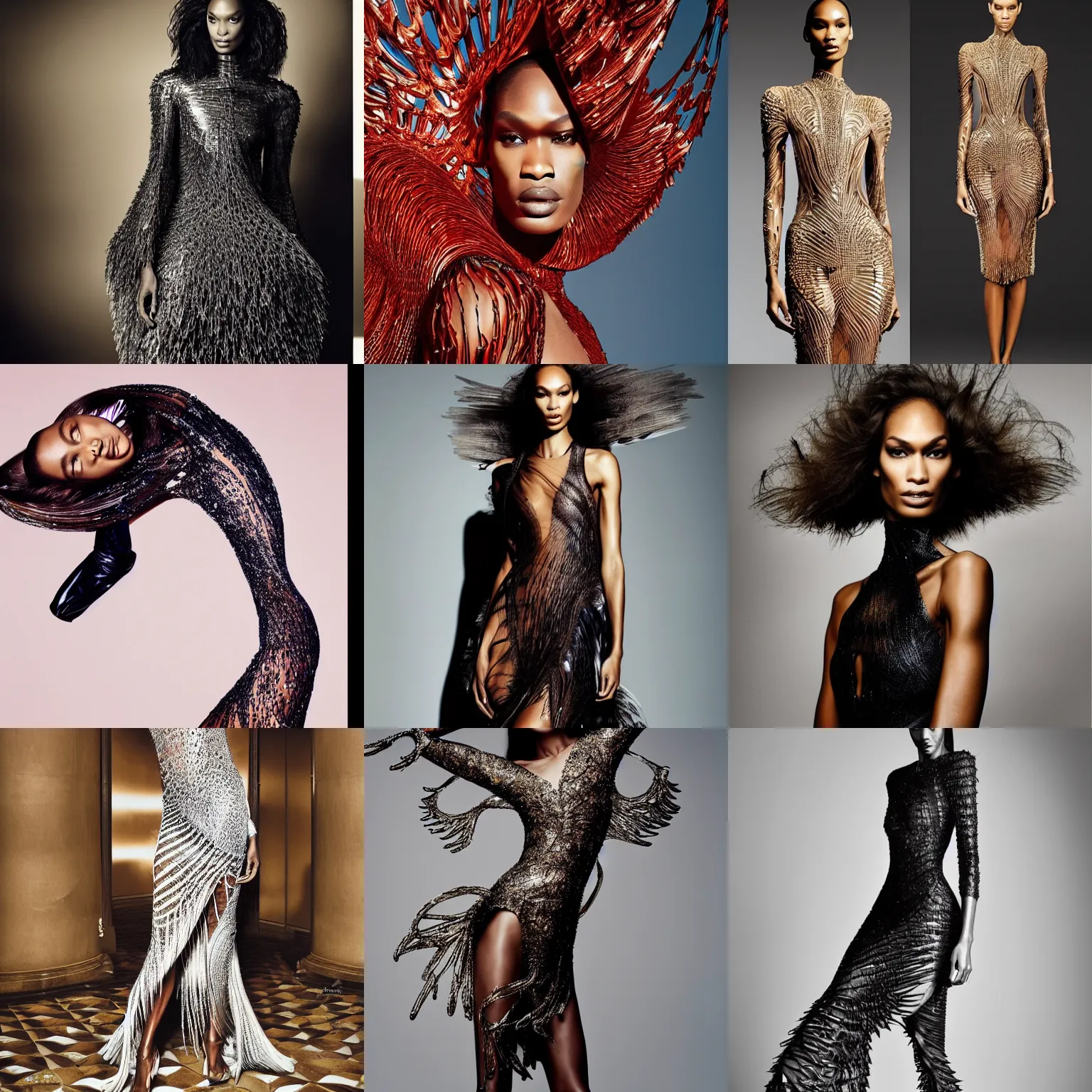 Prompt: photo of joan smalls wearing a dress by iris van herpen, fashion photoshoot