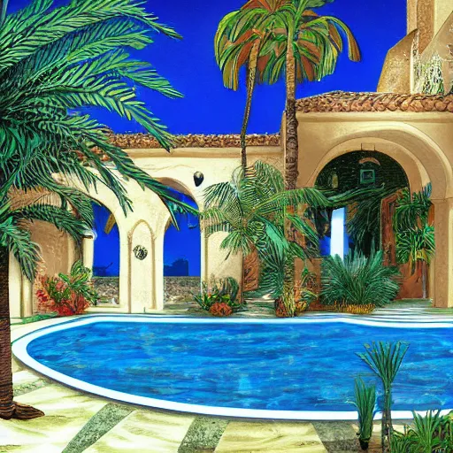 Image similar to arriving into a mediterranean courtyard with a palm tree and pool in the center, digital illustration, 8 k by moebius