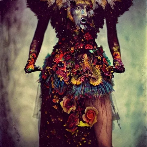 Prompt: kodak portra 4 0 0, wetplate, photo of a surreal artsy dream scene,, weird fashion, in the nature, highly detailed face, very beautiful model, portrait, with hands, close up, extravagant dress, carneval, animal, wtf, photographed by paolo roversi style and julia hetta