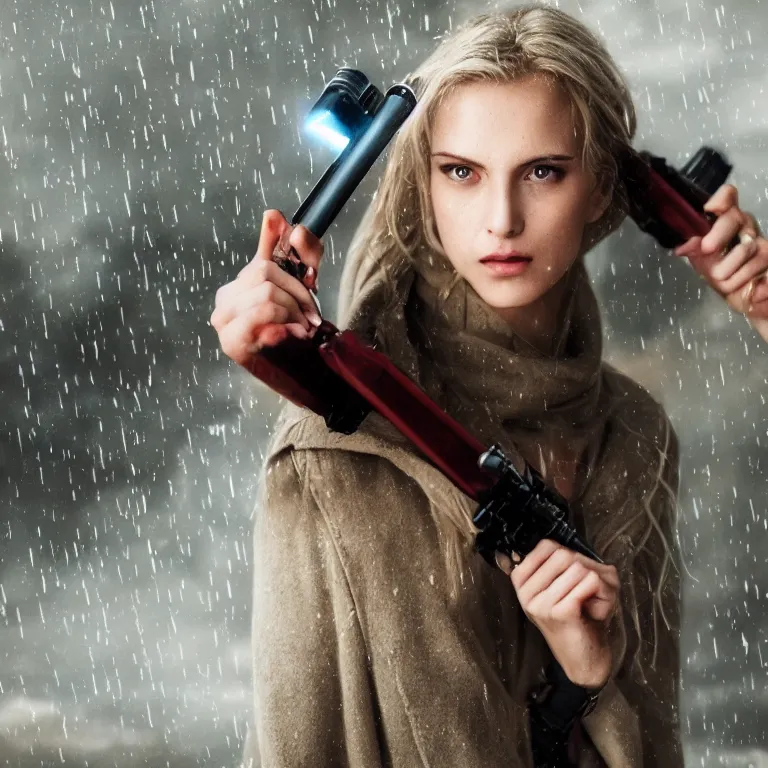 Prompt: cute model annie leonhart holding a lightsaber, beautiful face, detailed face, realistic eyes, pale skin, rule of thirds, cinematic lighting, rainy weather, melancholy atmosphere, volumetric light, realistic reflections, sharp focus, backlit, model agency, instagram photo, shot on sony a 7 iii, beauty filter, postprocessing