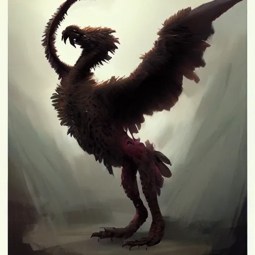 Prompt: digital painting of an elegant dancing but deadly chicogriff, griffin chicogriff hybrid monster, by Greg Rutkowski, magic the gathering concept art, trending on artstation, 4k resolution, in costco supermarket car park