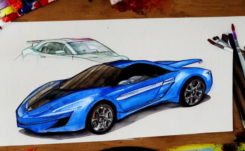 Image similar to colorful watercolor sketch of a sport car, highly detailded