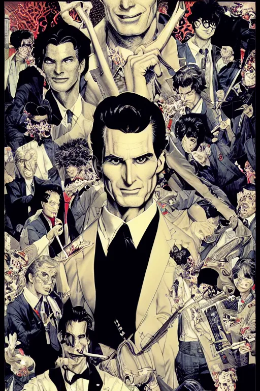 Image similar to poster of patrick bateman, by yoichi hatakenaka, masamune shirow, josan gonzales and dan mumford, ayami kojima, takato yamamoto, barclay shaw, karol bak, yukito kishiro