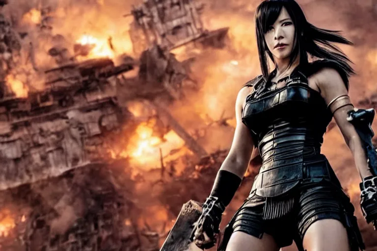 Prompt: promotional image of <Tifa Lockhart> as <War Goddess> in the new movie directed by <Tetsuya Nomura>, <heavily armored and brandishing gauntlets>, detailed face, movie still frame, promotional image, imax 70 mm footage