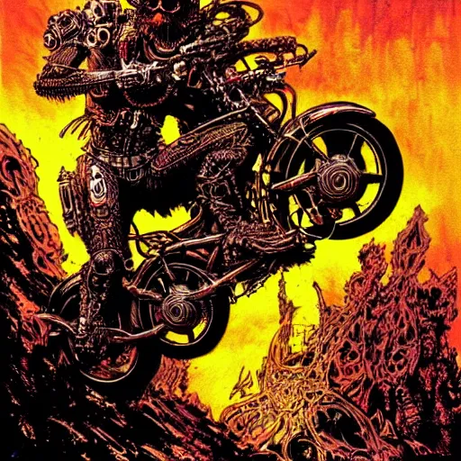 Image similar to infernal motorbiker, atmospheric lighting, painted, intricate, golden hour, ultra detailed by philippe druillet