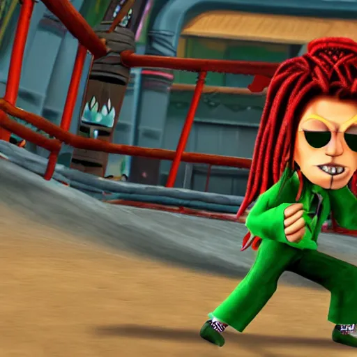 Image similar to character screenshot of ufc sean o'malley in psychonauts, rainbow hair dreadlocks, ps 3 video game, 3 d character render, dream world, 7 2 0 p, cutscene, cartoony designed by scott campbell