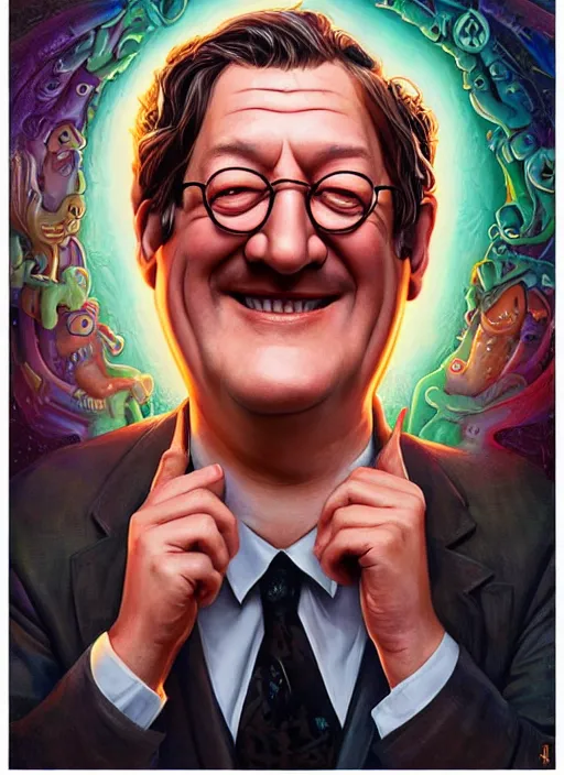 Image similar to lovecraftian portrait of happy stephen fry, pixar style, by tristan eaton stanley artgerm and tom bagshaw