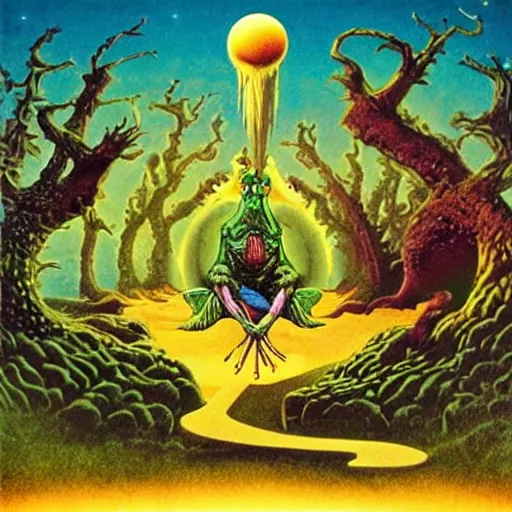 Prompt: progressive rock album cover of an elder wizard frog casting a world ending spell, in the style of Roger Dean