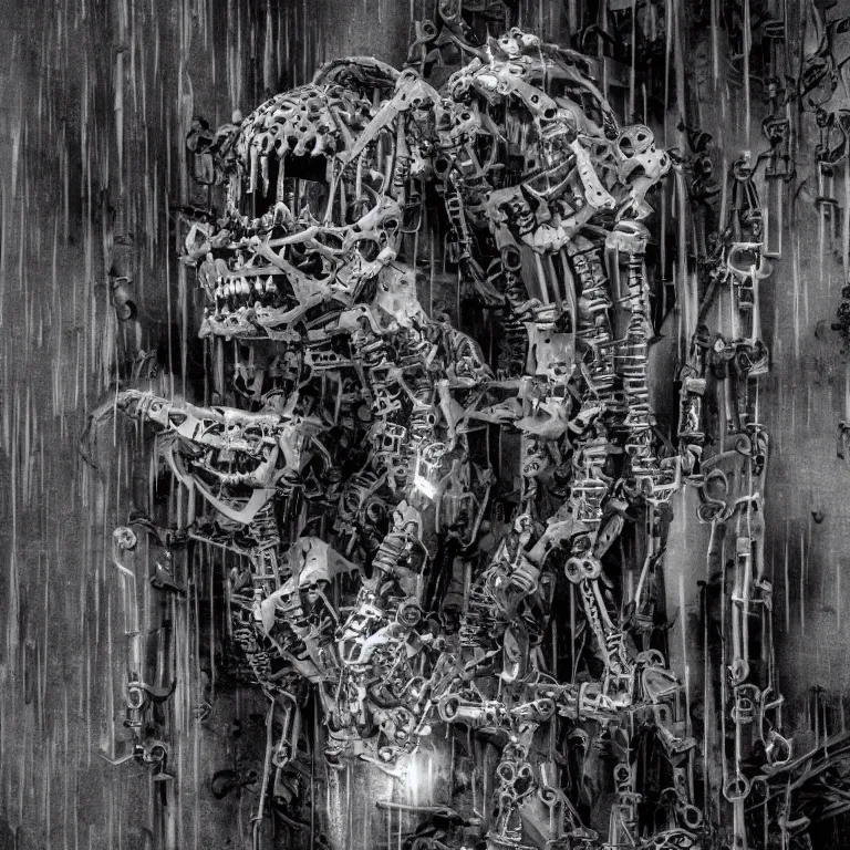 Prompt: photograph of a stylized worn down and broken endoskeleton that has been built by scott cawthon and chuck e cheese, rain, dense fog, alleyway, volumetric lighting, f 8 aperture, cinematic eastman 5 3 8 4 film