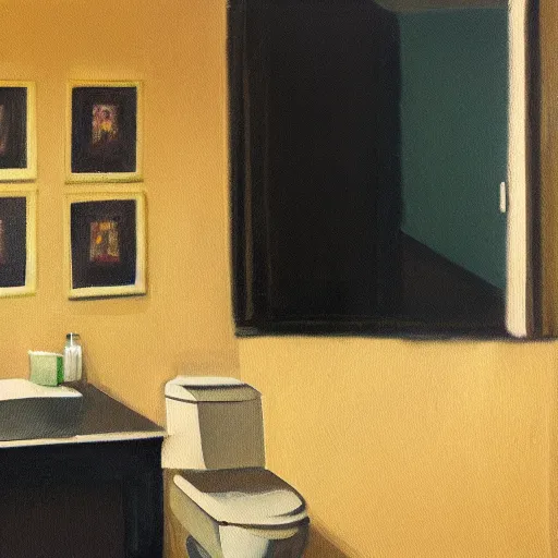 Prompt: A camera evaporating into thin air in a bathroom, Oil painting