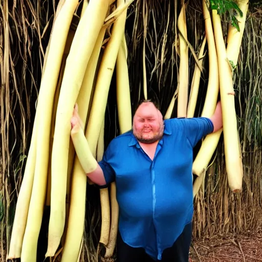 Image similar to a photo of a portly man with long hair holding a 1 0 m long yam