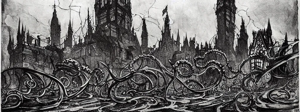 Image similar to the alchemical art of etching by master anders zorn. a lovecraftian horror destroying a city. ink highly detailed lines