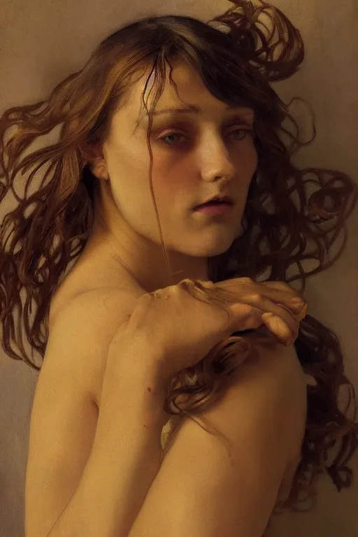 Prompt: mixing secondary colors with oil paint by alfons maria mucha, sophisticated, photoreal, symmetrical studio shot, pudgy, upturned nose, clear facial features, character concept art, cinematic, rembrandt lighting, 4 k, 8 k, celtic norse frankish, mood lighting, real skin, subsurface scattering light