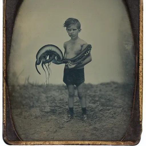 Prompt: tintype photo, boy rides a squid, underwater, jellyfish