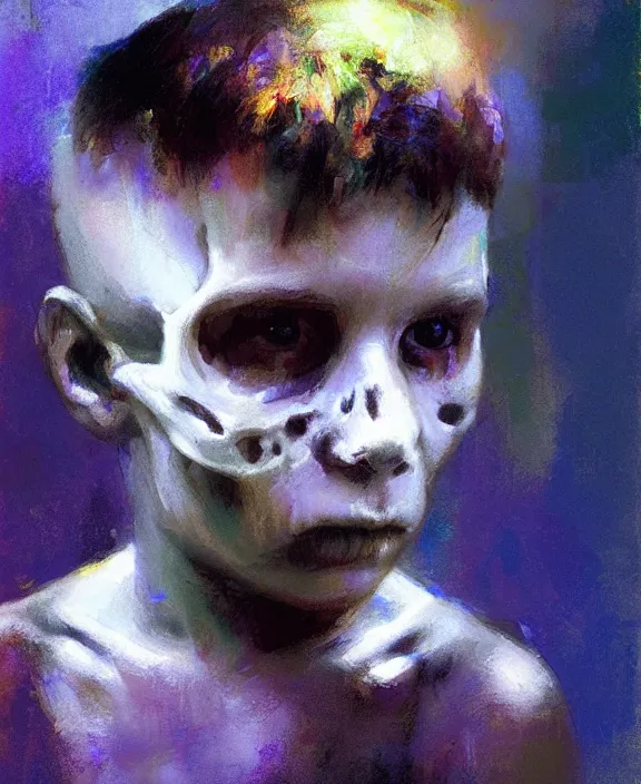 Image similar to a boy wearing a skull by jeremy mann, ultraviolet colors