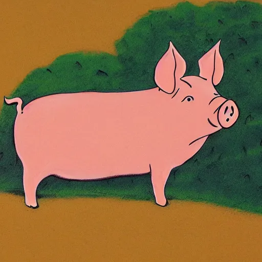 Prompt: pig on a hill next to a tree, style from aoshima chiho