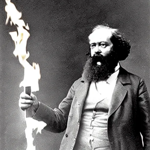 Image similar to Karl Marx burning a communist flag, realistic photo.