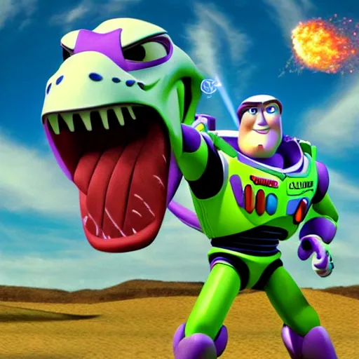 Image similar to buzz lightyear, riding a velociraptor who is shooting a laser of rabbits out of its mouth