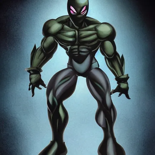 Prompt: Shadow is an undefeated intergalactic humanoid warrior, he is two meters tall, with an amazing well defined muscular body, his skin is gray, he has no hair at all, his eyes are wide and completely white, has no noticeable nose or mouth, he looks like a mix between the Spawn and venom from Spiderman