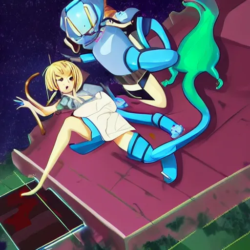 Image similar to magical cat lizard fight with robot cat girl, trending on art, anime