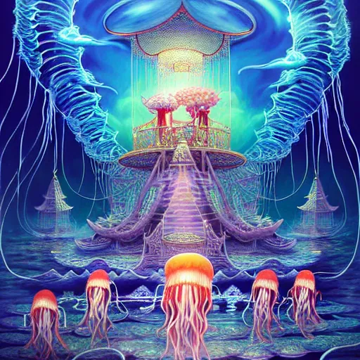 Image similar to A painting of priestesses worshipping at the jellyfish temple, shrouded in mist, jellyfish god, jellyfish priestess, jellyfish shrine maiden 8K, illustration, intricate artwork by Tooth Wu and wlop and Artgerm and dan mumford, smoke, undersea temple with fish, cinematic, insanely detailed and intricate, hypermaximalist, elegant, super detailed, award-winning, chartreuse and orange and cyan, mysterious, ancient, ritual, ethereal, trending in cgsociety, artstation HQ, ornate, elite, haunting, matte painting, beautiful detailed, insanely intricate details, artstation trending