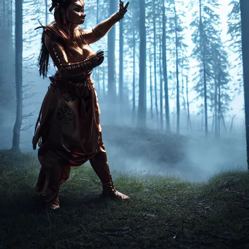 Image similar to highly detailed, ultra realistic, cinematic, woman full body with a copper nose and copper claws, high detail, 8 k, sharp focus, movie still, dramatic lighting, ray tracing, smooth, a female evil demonic character of kazakh mythology, jeztyrnak, standing in the night forrest