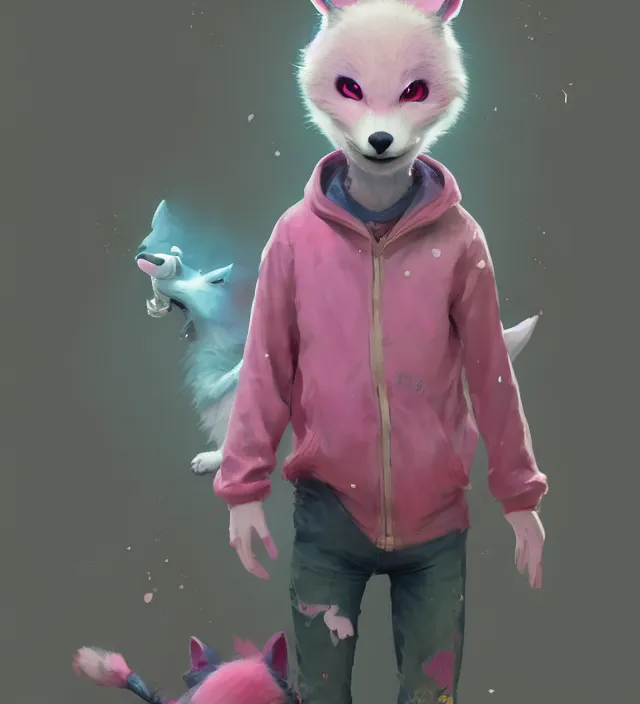 Prompt: a beautiful fullbody portrait of a cute boy with pink hair wearing a wolf kigurumi. character design by cory loftis, fenghua zhong, ryohei hase, ismail inceoglu and ruan jia. artstation, volumetric light, detailed, photorealistic, rendered in octane