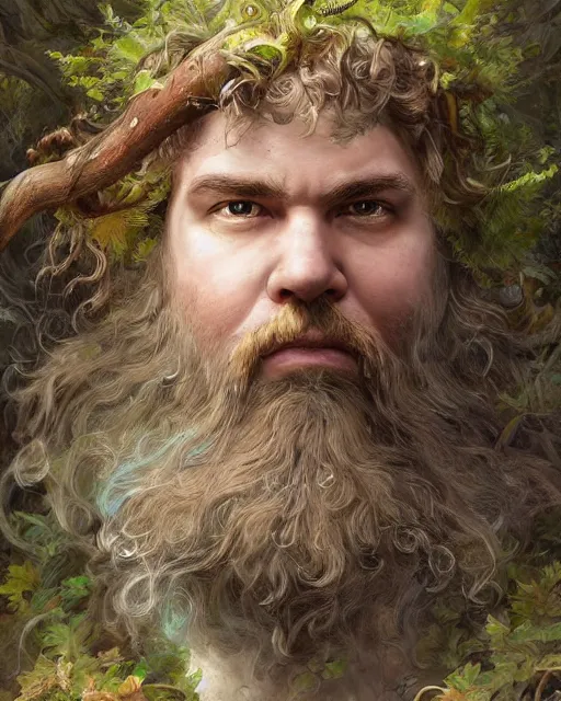 Image similar to patrick rothfuss as a forest druid with ram horns and leaves in his beard, dreamy and ethereal, fantasy, intricate, elegant, highly detailed, digital painting, artstation, concept art, smooth, sharp focus, illustration, art by artgerm and greg rutkowski and donato giancola