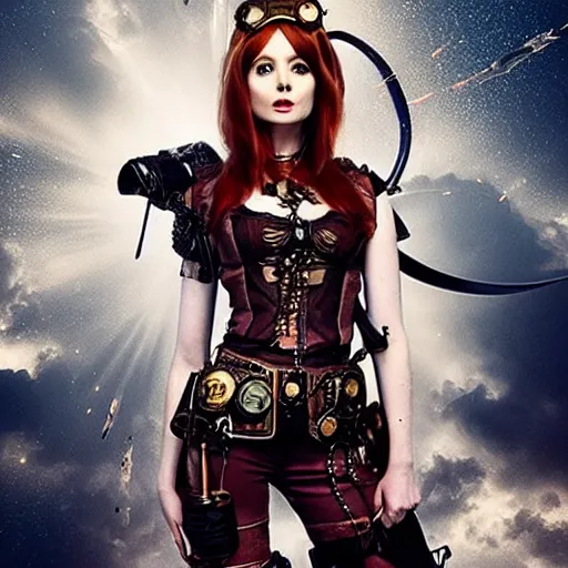 Prompt: photo of karen gillan as a steampunk amazon warrior