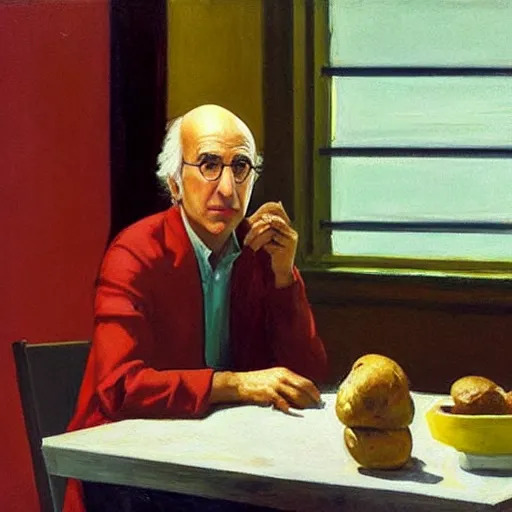 Prompt: larry david sitting on a bagel, edward hopper painting