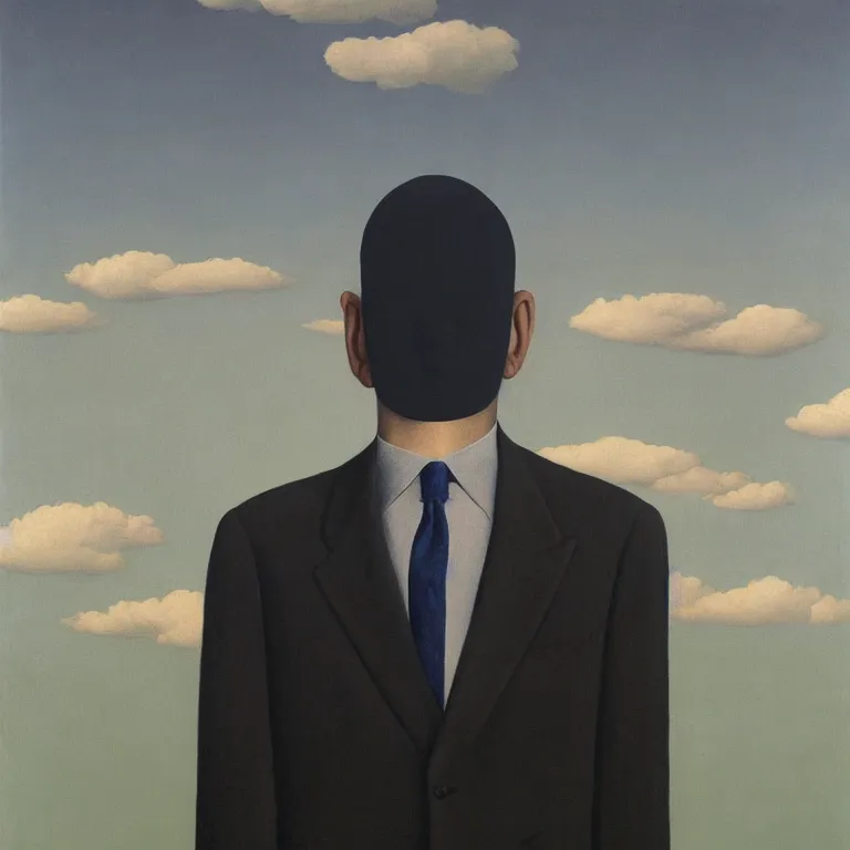 Image similar to portrait of a faceless shadow - head man in a suit, clouds in the background, by rene magritte, detailed painting, distance, middle centered, hd, hq, high resolution, high detail, 4 k, 8 k