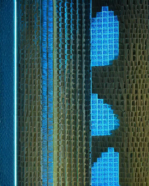 Prompt: one point perspective photo of a futuristic biomimicry oasis facade vaults + sandstone tiles + the facade is elegant and made of a biomimicry nature algae with ornate patterns + led light + spiral stairs + photo taken on a misty morning + architectural photography, 8K, photorealistic