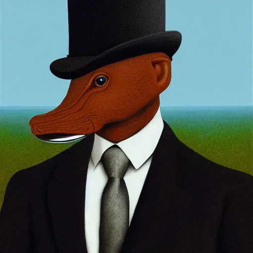 Image similar to a portrait of a platypus wearing a black suit, smoking a cigar, gorgeous, intricate, elegant, volumetric lighting, scenery, high detail digital art, smooth, rene magritte, illustration, concept art