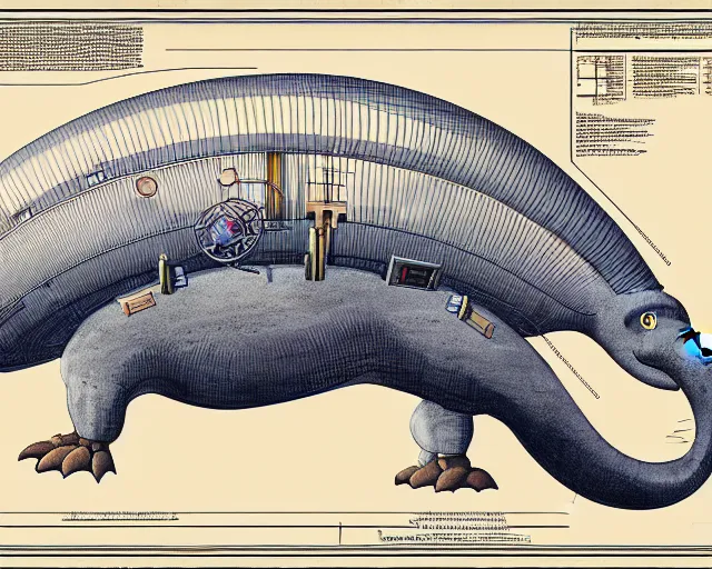 Prompt: a full page of a mechanical blueprint showing a cutaway design for a mechanized brontosaurus from howl's moving castle ( 2 0 0 4 ), with a big head, muted colors, post grunge, studio ghibli, hq,