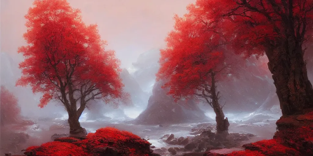 Image similar to A beautiful oil painting of a rocky valley covered in snow, trees with red leaves, thunderstorm in the sky, blue lighting, gloomy, atmospheric lighting, detailed, by greg rutkowski, trending on artstation