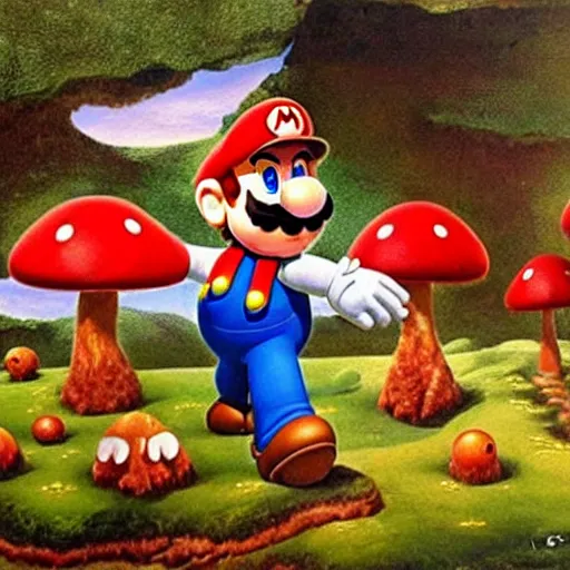 Prompt: super mario lost in the mushroom fields, landscape, on oil painting by frank frazetta