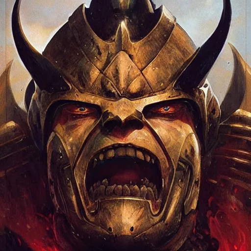 Image similar to head and shoulders portrait of an armored fire giant, d & d, fantasy, greg rutkowski, frank frazetta, alexandre chaudret, boris vallejo, michael whelan, miro petrov, hr giger, magali villeneuve, donato giancola