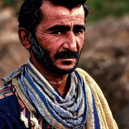 Image similar to Close up of a Kurdish shepherd wearing Kurdish clothes in a movie directed by Christopher Nolan, movie still frame, promotional image, imax 70 mm footage