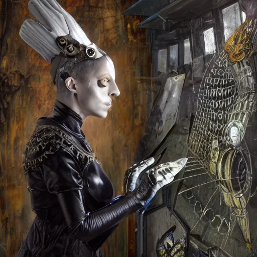 Image similar to italian solarpunk curator in an art gallery with extremely detailed headsets and gloves, inspired by die antwoord beautiful, hand painted textures, cloth physics, deviantart, karol bak, masamune shirow, black and white, photorealistic, concept art, perfect render, 3 d render, pixar, 8 k