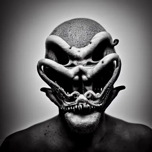 Prompt: artistic photoshoot of a mothan hybrid, grotesque, body horror, mutant shaming, creepy, terrifying, 8 k hdr 8 0 mm wide angle portrait, high contrast black and white, insectoid n 9