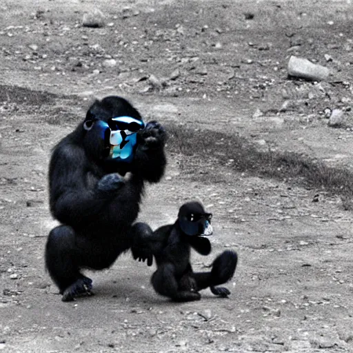 Prompt: a baby gorrila and a baby playing together, 1960s photography.