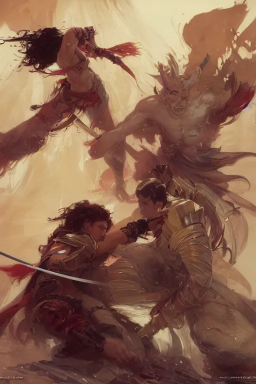 Image similar to An epic fight moment between a demon slayer with female skilled samourai in style of by gaston bussiere, and craig mullins and greg rutkowski and alphonse mucha, awesomenes , concept art world,