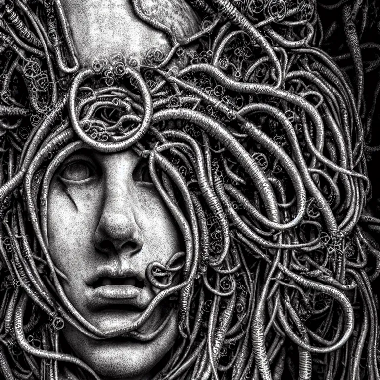 Prompt: ribbed abandoned closeup face portrait of angel, covered with tentacles, roots, wires, tubes, baroque painting, standing in a desolate empty wasteland, creepy, nightmare, dream-like heavy atmosphere, surreal abandoned buildings, beautiful detailed intricate insanely detailed octane render trending on Artstation, 8K artistic photography, photorealistic, chiaroscuro, Raphael, Caravaggio, Beksinski, Giger