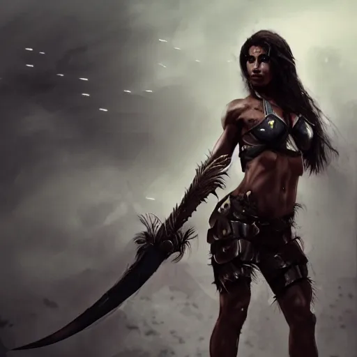 Prompt: warrior, female, muscular, by wlop, cinematic, dark