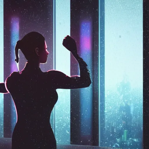 Image similar to a female cyborg looks out a window at the skyline of a raining neon city