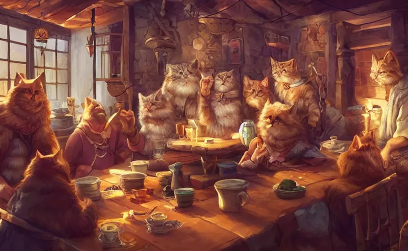 Prompt: mindblowing cat folk talking inside a tavern, fantasy art, cozy, dnd, digital art, 4 k, sharp, uhd