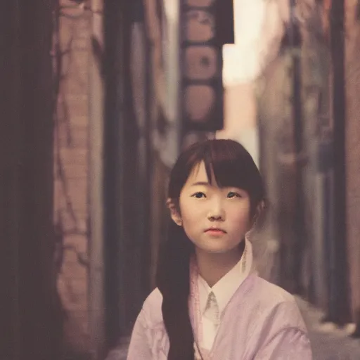 Image similar to 1990s perfect 8K HD professional cinematic photo of a japanese schoolgirl, in sci-fi alleyway at evening, at instagram, Behance, Adobe Lightroom, with instagram filters, depth of field, taken with polaroid kodak portra